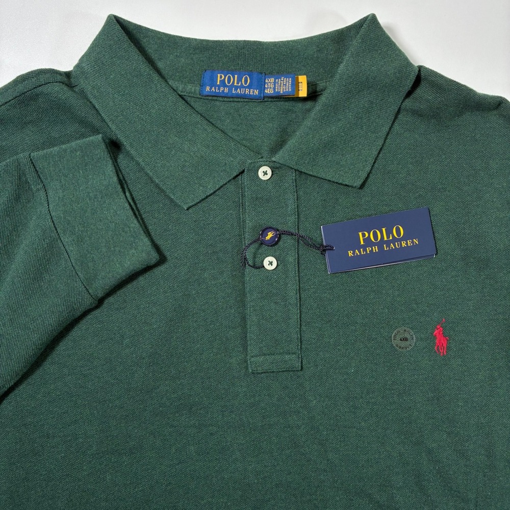 NEW Polo Ralph Lauren Long Sleeve Polo Shirt 4XB Green Pique Pony Mesh Rugby‎